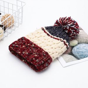 Women Thickened Plush <b>Fleece</b> Lined Wide Knitted <b>Beanie</b> Pom Pom Fur Balls Color Blocking Design Polyester/Cotton Fabric for - Product Image 5