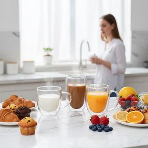 Vaso de Agua de Vidrio Transparente de Doble Capa de 450 ml con Asa y Tapa para Bebidas Calientes y Frías, Café, Leche, Jugo, Venta al Por Mayor del Fabricante - Product Image 1