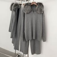 Ensemble de vêtements en tricot pour femmes, élégant et décontracté, en tricot doux, col en fourrure de renard véritable, pull chaud d'automne, pull décontracté