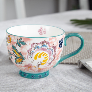 Tasses en céramique faites à la main avec motif de fleurs et de papillons, peintes à la main, pour le petit-déjeuner, le lait, les desserts, les tasses à thé, les mugs en porcelaine, en stock dans l'usine - Product Image 4