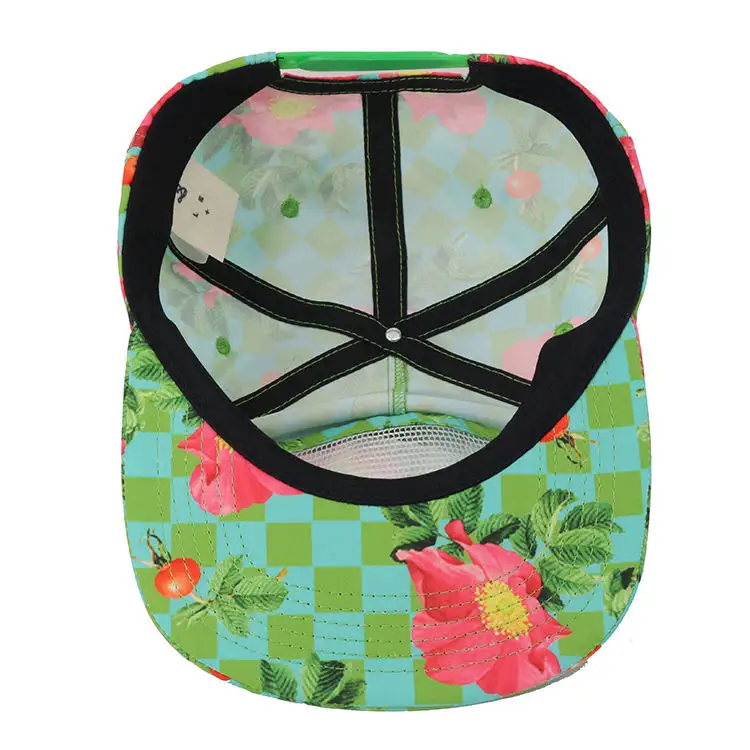 Custom Snapback Hats Floral Print Cap 100% Polyester Flat Brim 5 Panel Baseball Cap