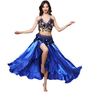 Conjunto <span class=keywords><strong>de</strong></span> Danza del Vientre <span class=keywords><strong>de</strong></span> 3 Piezas para Mujer: Top Sexy con Tirantes, Falda y Cinturón, 100% Poliéster, Talla Única - Product Image 1