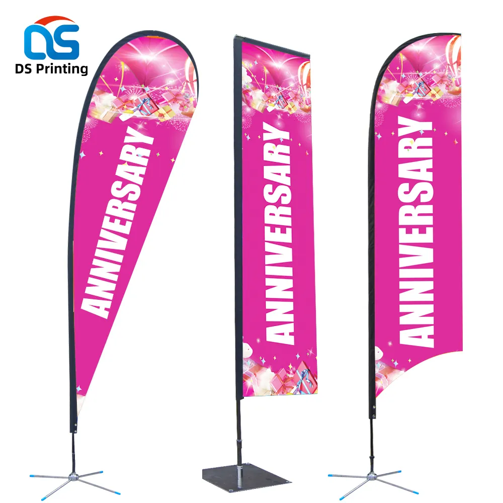 Logotipo personalizado exposiciones al aire libre doble cara sublimación impresa pluma voladora lágrima playa banner bandera con soporte poste Kit