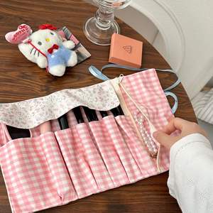 תיק גליל נייד תיק פרחים תיק קוסמטי פרחוני רב-חריצים איפור מברשת אחסון כיס עט מחזיק עט - Product Image 2