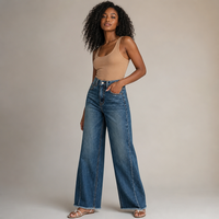 Jean taille haute à ourlet effiloché et jambe large pour femme, pantalon en denim ample et très extensible, vente en gros usine