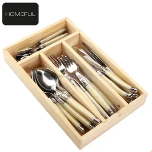 Hot selling 24 pcs laguiole flatware set steak knife, fork serving dessert spoon with pearl handle in pine wood tray