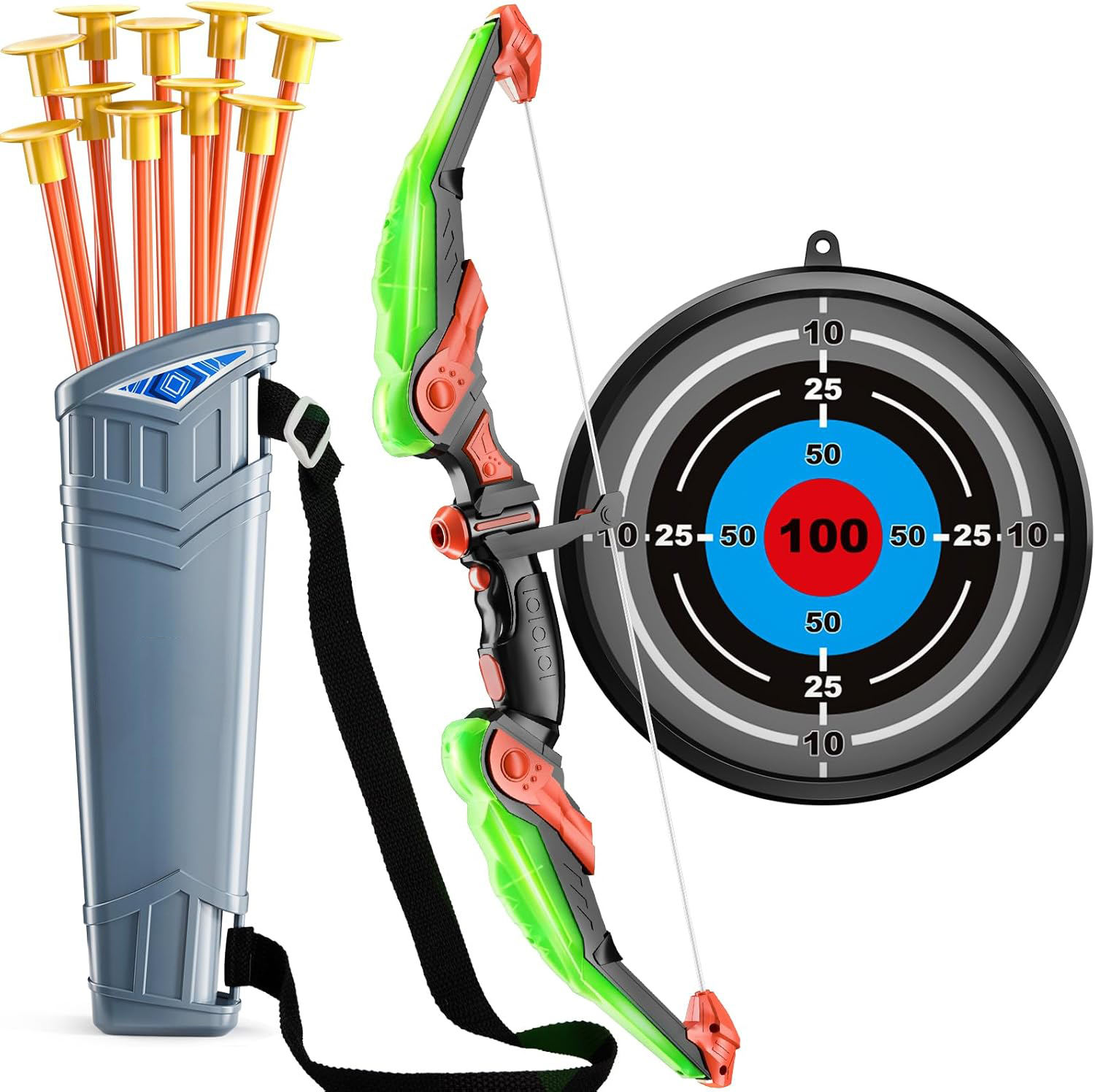 คันธนูสีเขียว + ลูกศร10ลูก + ลูกดอก + เป้าลูกดอก + 3ขวด