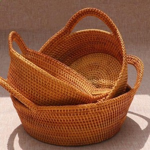 Handmade Eco Friendly Round Rattan Storage <b>Basket</b> with Handles Woven <b>Bread</b> Fruit Tray for Kitchen and Dining Table Decor - Product Image 2