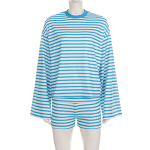 Loose <b>fit</b> crewneck blue white striped <b>long</b> sleeve <b>T</b> <b>shirt</b> with low waist contrast color shorts relaxed casual set - Product Image 6