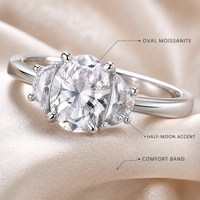 Bague en moissanite, argent sterling 925, coupe ovale, pierre latérale demi-lune, trois pierres, bague de fiançailles pour femme