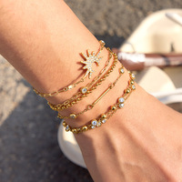 Ensemble de bracelets à breloques superposées en acier inoxydable 316L plaqué or avec zircon CZ soleil et lune pour femmes, vente en gros