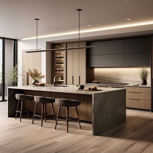 Muebles de Cocina Modernos de Lujo con Acabado en Madera, Gabinetes de Cocina Modulares de Madera Contrachapada/Laca con Tira de Luz LED e Isla de Cuarzo - Product Image 3