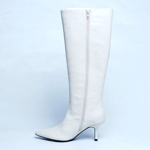 Kadın beyaz sivri burun hakiki deri Stiletto topuk diz yüksek çizmeler Zip kapatma - Product Image 1