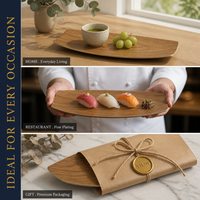 Plateau de service multifonctionnel en bois de frêne de Manchourie, forme bateau, style moderne minimaliste, avec base ondulée stable, pour le thé et le rangement