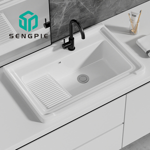 Lavabo in ceramica moderno a foro singolo <span class=keywords><strong>con</strong></span> <span class=keywords><strong>lavatoio</strong></span> in ceramica e <span class=keywords><strong>lavatoio</strong></span> rettangolare in pietra da appoggio per <span class=keywords><strong>bagno</strong></span> - Product Image 1