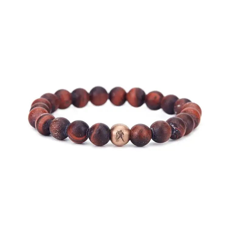 6mm Rose Gold Color (Brush) Zodiac Sign W/ Matte Tiger Eye Red Beads Bracelet For Unisex Adults For Anniversary Engagement