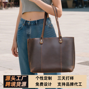 Tiding Genuine Leather Tote Bag Large Capacity Women's Shoulder Bag Solid Color Horizontal <b>Square</b> Design - Product Image 5