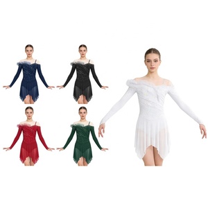 Robe de patinage artistique pour femme, ornée de strass, corsage froncé, jupe à volants, manches longues en maille transparente, pour compétition et performance, personnalisable - Product Image 1