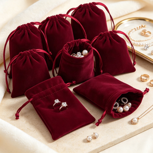 Pochette en velours flanelle rouge bordeaux avec cordon de serrage, sac portable pour bijoux, emballage de bonbons de mariage, pochette cadeau avec cordon de serrage - Product Image 4