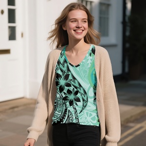 Blusas hawaianas verdes elegantes diarias de talla grande para mujer, camisa y blusa sexy tribal Polinesia con hombros descubiertos, camisetas personalizadas - Product Image 4