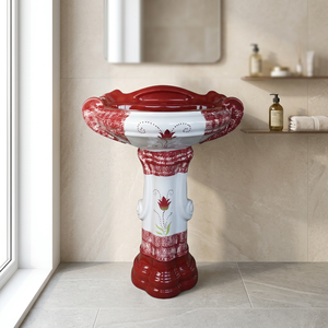 Lavabo sur pied en céramique monobloc à motif fantaisie, design moderne pour centre commercial et sous-sol - Product Image 6