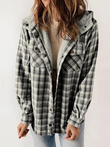 Jaket Wanita Lengan Panjang Bermotif Kotak-Kotak dengan Tudung Berbulu dan Saku Samping Jaket Olahraga Musim Dingin untuk Wanita Mantel - Product Image 2