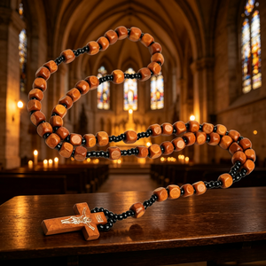 Rosario de Madera con Cuentas y Crucifijo Plateado INRI, Joyería Religiosa Cristiana, Unisex, Hecho a Mano, Chapado Antiguo - Product Image 4