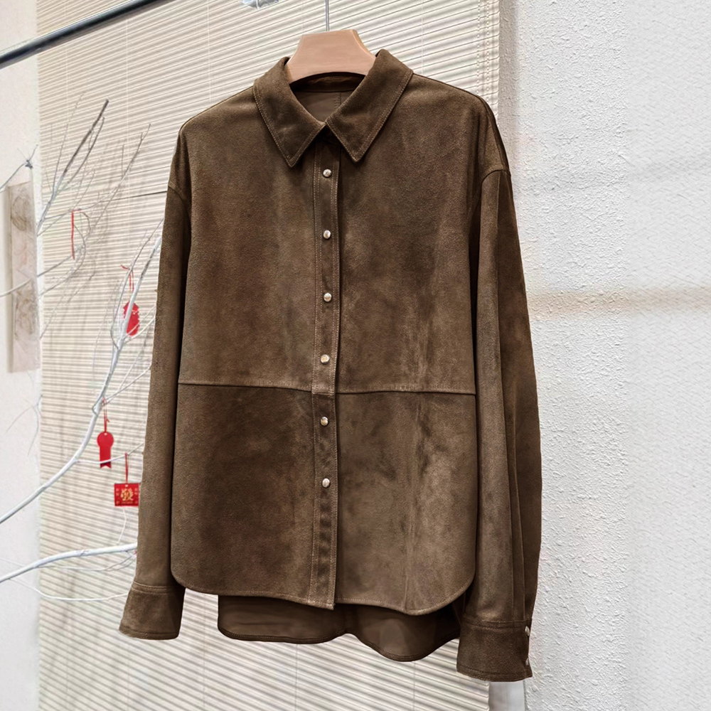 5144-1 Autumn New Sheepskin Anti Velvet Simple Single Breasted Long Sleeved Women's Leather Jacket Coat