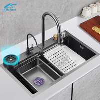 Évier de cuisine multifonction en acier inoxydable 304, évier de cuisine moderne avec cascade noire, évier de cuisine à ultrasons