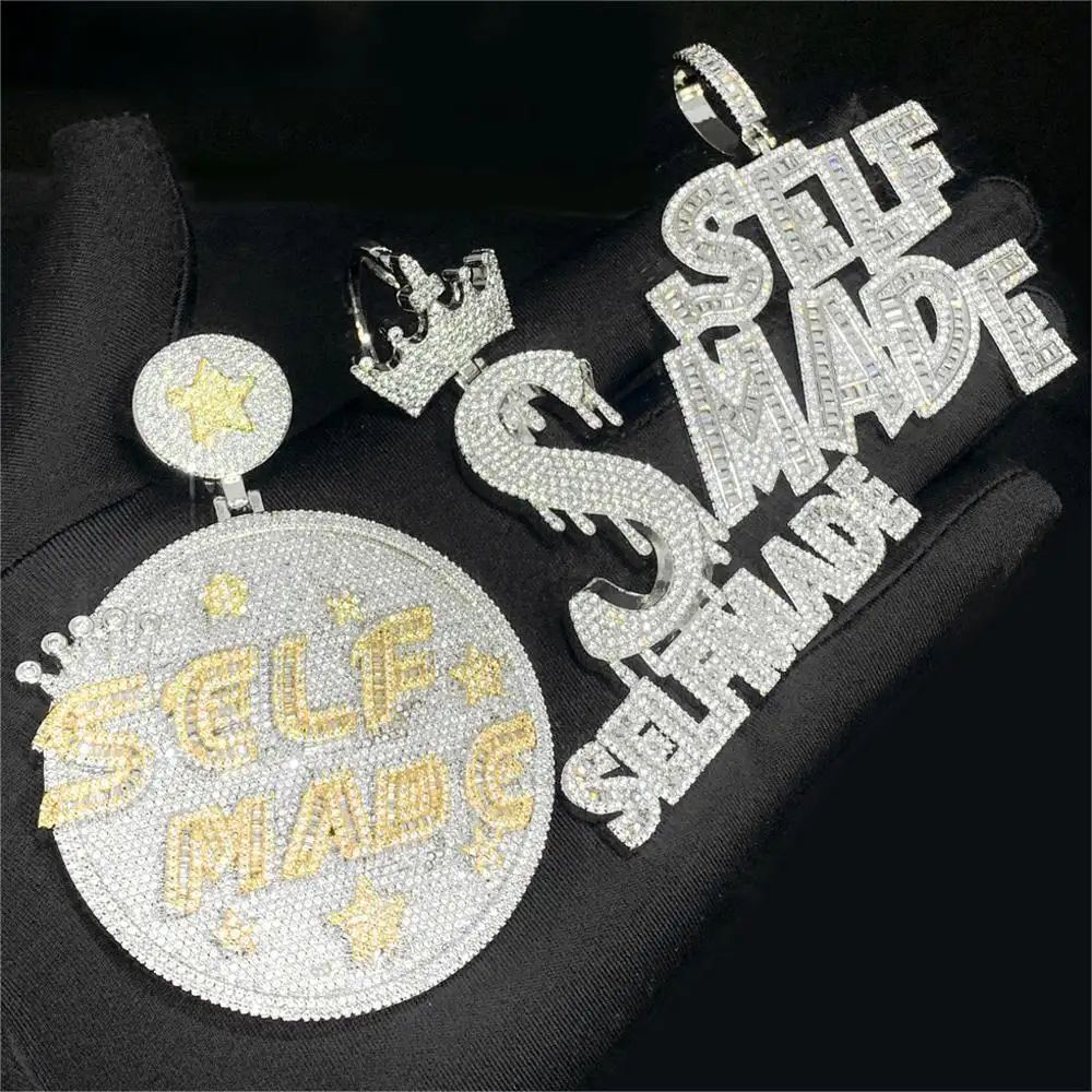 Iced Out Bling Full Engraved Paved 5A Cubic Zirconia Men Jewelry Personality Self Made Letter Hip Hop Pendant