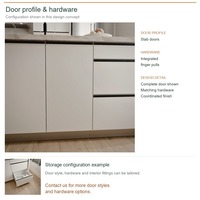 Meuble de cuisine stratifié au design minimaliste, aménagement en îlot, dimensions personnalisées, boîtes en panneaux de particules et rangement coulissant