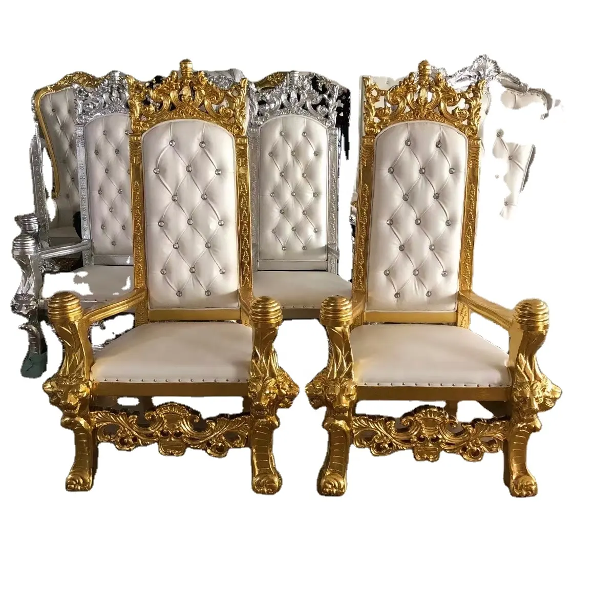 Foshan fabbrica di lusso antico trono schienale alto sedia classico oro/argento intaglia in legno con bianco in pelle per banchetti Villa evento