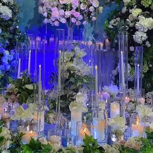 Meja Pusat Pernikahan Produsen Jelas Tinggi Meja Pernikahan Naungan Kristal Kaca Tempat Lilin 4 Pieces Satu Set untuk Dijual