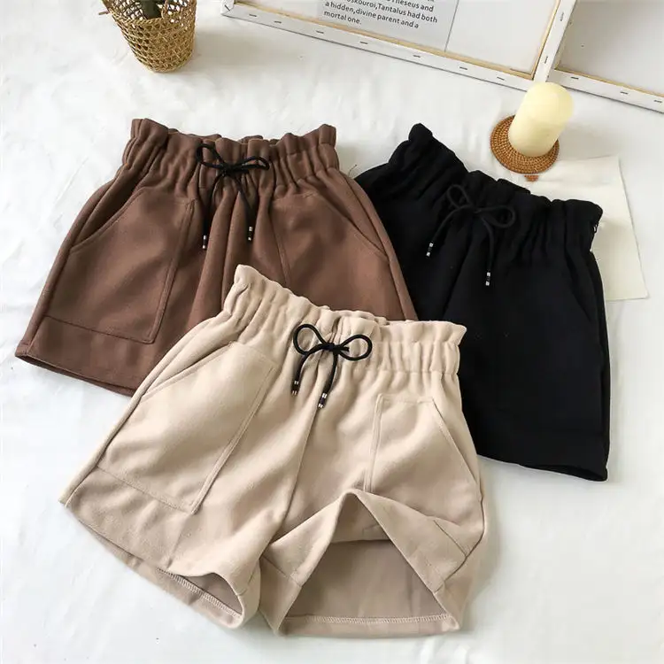 New Women Shorts Autumn and Winter High Waist Shorts Solid Casual Loose Thick Warm Elastic Waist Pockets Shorts