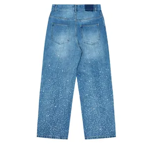 Streetstyle personnalisé Jeans baggy en denim avec strass et décoration de créateur Jambe droite Jeans baggy en diamant Jeans pour hommes