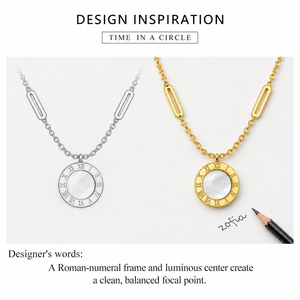 สร้อยคอจี้ทรงโรมัน สแตนเลสสตีล ชุบทอง 14K แบบสุญญากาศ ประดับมุกขาวตรงกลาง - Product Image 4