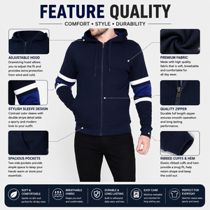 Men's Navy Blue Hooded <b>Zipper</b> <b>Sweatshirt</b> Regular Fit Cotton Knitted Casual Autumn Style Solid Color Eco-Friendly 330g - Product Image 5