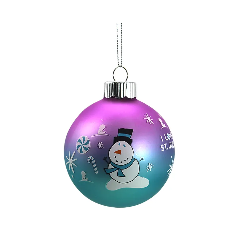 Décoration de noël avec décalcomanies boules de verre ornements dessin animé personnalisé bonhomme de neige dégradé couleur violet blanc pour les arbres du Festival