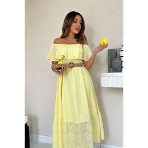 Vestido amarillo con hombros descubiertos, bordado, cintura elástica, línea A, informal, tejido, transpirable, para uso diario - Product Image 3