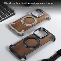 Étui de téléphone magnétique sans cadre en bois de noyer avec support rotatif à 360° en métal, coque de protection antichoc pour S24 S25 ultra