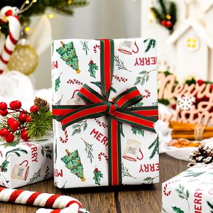 Christmas Gift Wrapping Paper with Tree Holly Candy Cane Mug Pattern <b>Red</b> Green <b>Ribbon</b> Recyclable Art Paper Roll customizable - Product Image 1