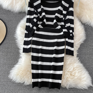 Noir et blanc rayé à manches longues pull tricoté Cardigan et Spaghetti sangle moulante robe mi-longue costumes femmes deux pièces ensembles - Product Image 2