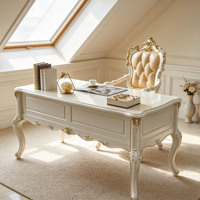 Ensemble de chaise et bureau d'écriture de luxe européen, en bois massif sculpté à la main, avec finition dorée, table d'étude crème, mobilier de bureau à domicile, vente en gros
