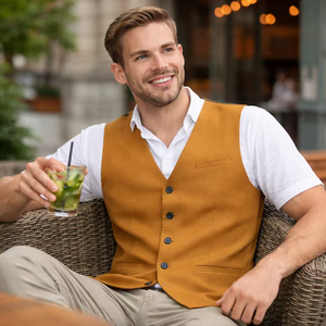 Customized Men's <strong>Mustard</strong> Yellow Formal Suit Vest, 5-Button V-Neck <strong>Waistcoat</strong> with Pockets, Business &amp; Wedding Wear Casual - Product Image 5