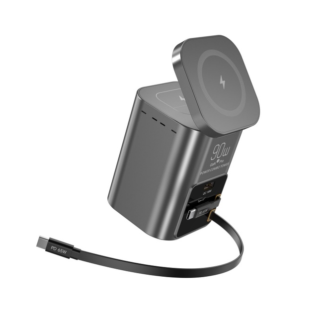 6-in-1 90w Gan Desktop Charger Mobile Phone Wireless Charging With 15w Magnetic Wireless Charger 2 Type-C 65W Retractable Cable