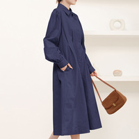 Robe longue élégante pour femme à manches longues boutonnée, col chemise, manches bouffantes, coupe trapèze ample, idéale pour le bureau en automne
