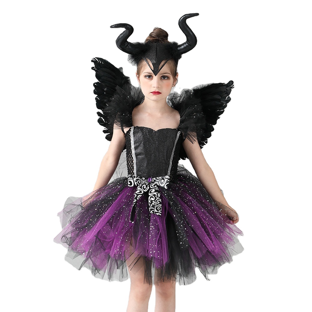 Dark Angel Costume Dress Wing Girls Evil Cosplay Outfits Clothes Baby Scary Halloween Dress For Performance Carnival Disguise