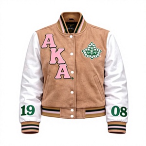 Men's Color Block Embroidered Varsity Jacket <b>Wool</b> Body Button up Badge Autumn Sporty Polyester Lining - Product Image 1