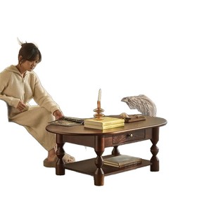 French Style Oval Solid Wood Coffee <b>Table</b> <b>Black</b> Vintage Double Drawer Living Room Furniture - Product Image 5