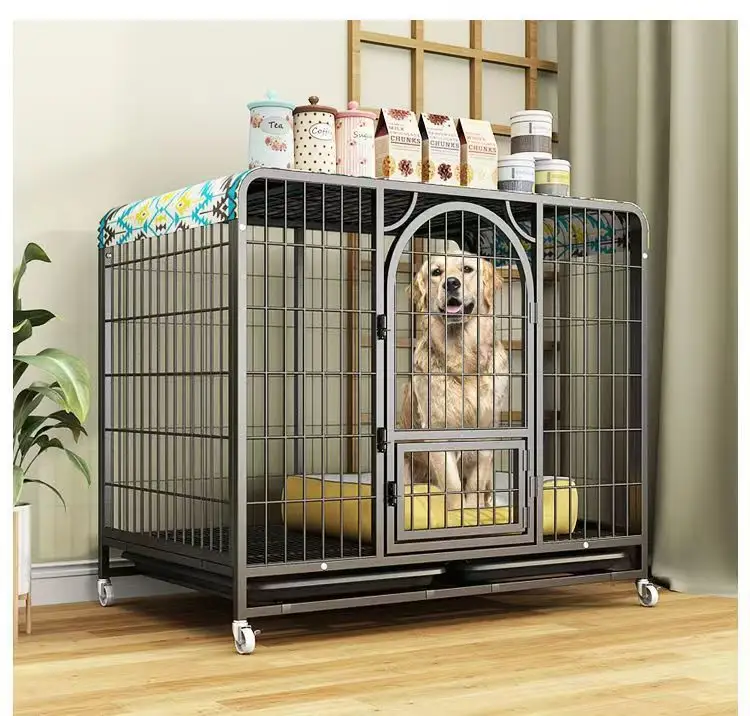 Factory wholesale luxury large size black bold square tube durable steel metal iron wire pet dog cage crate kennel with wheels